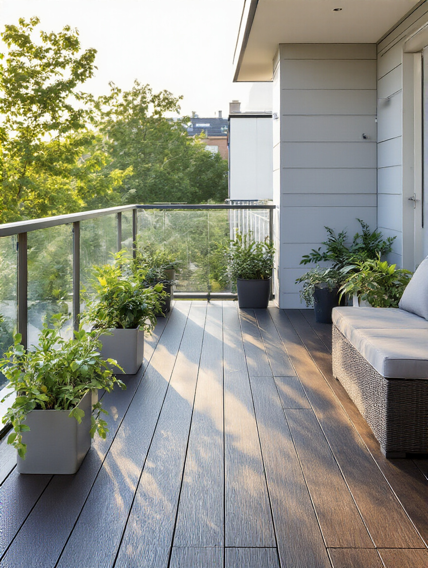Vertical portrait of a modern balcony with self-cleaning materials (glass railing, coated decking, photocatalytic wall) in warm morning light, no people.