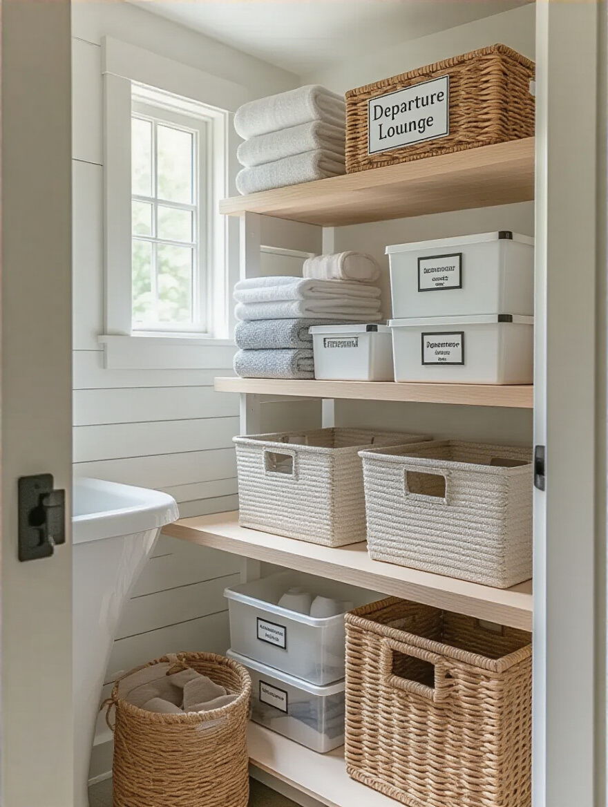 Organized small bathroom storage shelf with labeled bins implementing the One In, One Out rule, bright natural lighting