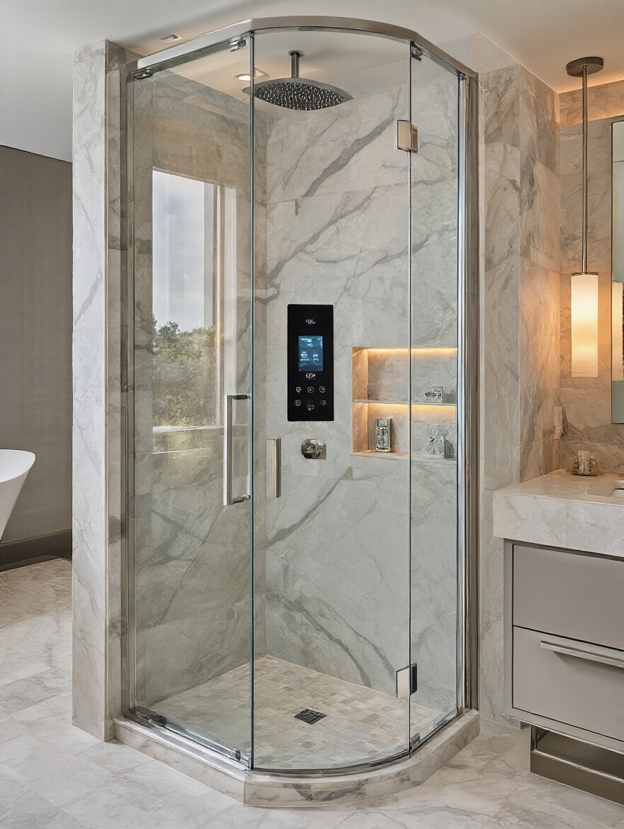Vertical luxury bathroom with a glass-enclosed shower and a wall-mounted digital control panel