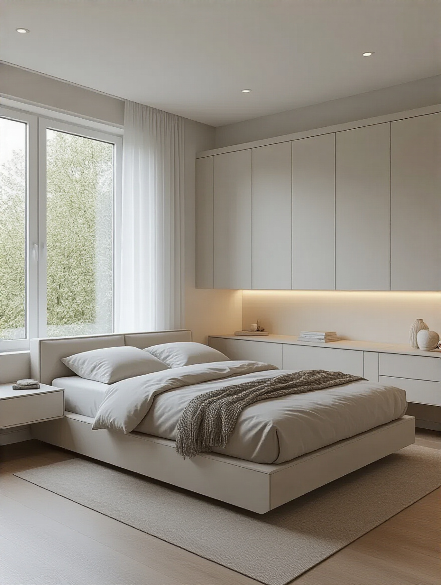 Modern bedroom with clean lines featuring low-profile bed, floating nightstands, and built-in cabinetry in a sleek, streamlined design