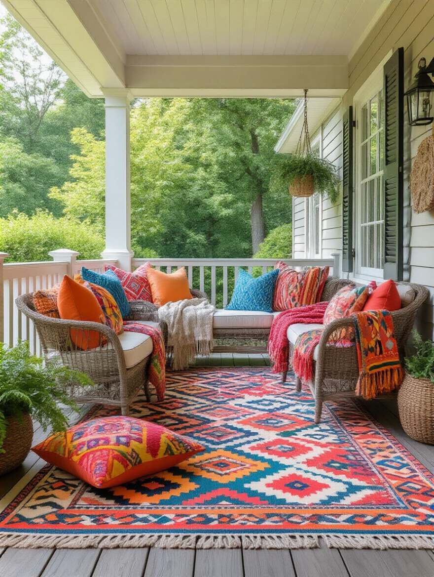 Back porch decorated with colorful patterned throw pillows, outdoor rug, and blankets creating visual interest