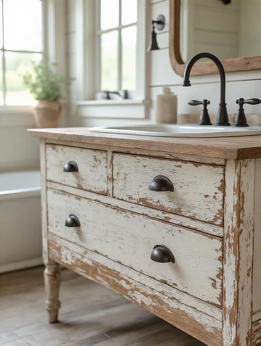 Farmhouse bathroom wooden vanity with distressed finish showing chipped paint and natural wood textures