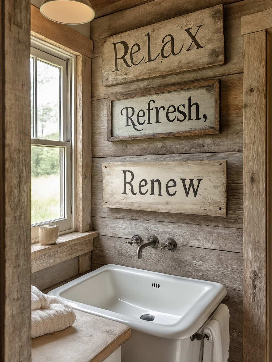Cozy farmhouse bathroom wall decorated with rustic wooden frames and inspirational farmhouse-themed signs above a vintage vanity