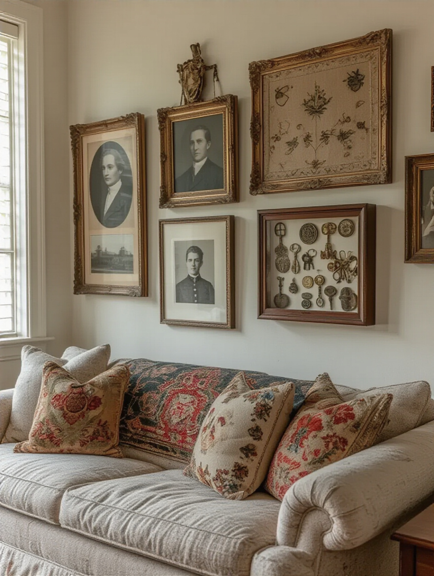 Living room wall decorated with heirloom pieces including vintage photographs, antique textile art, and collectible shadow boxes showcasing unique historical charm