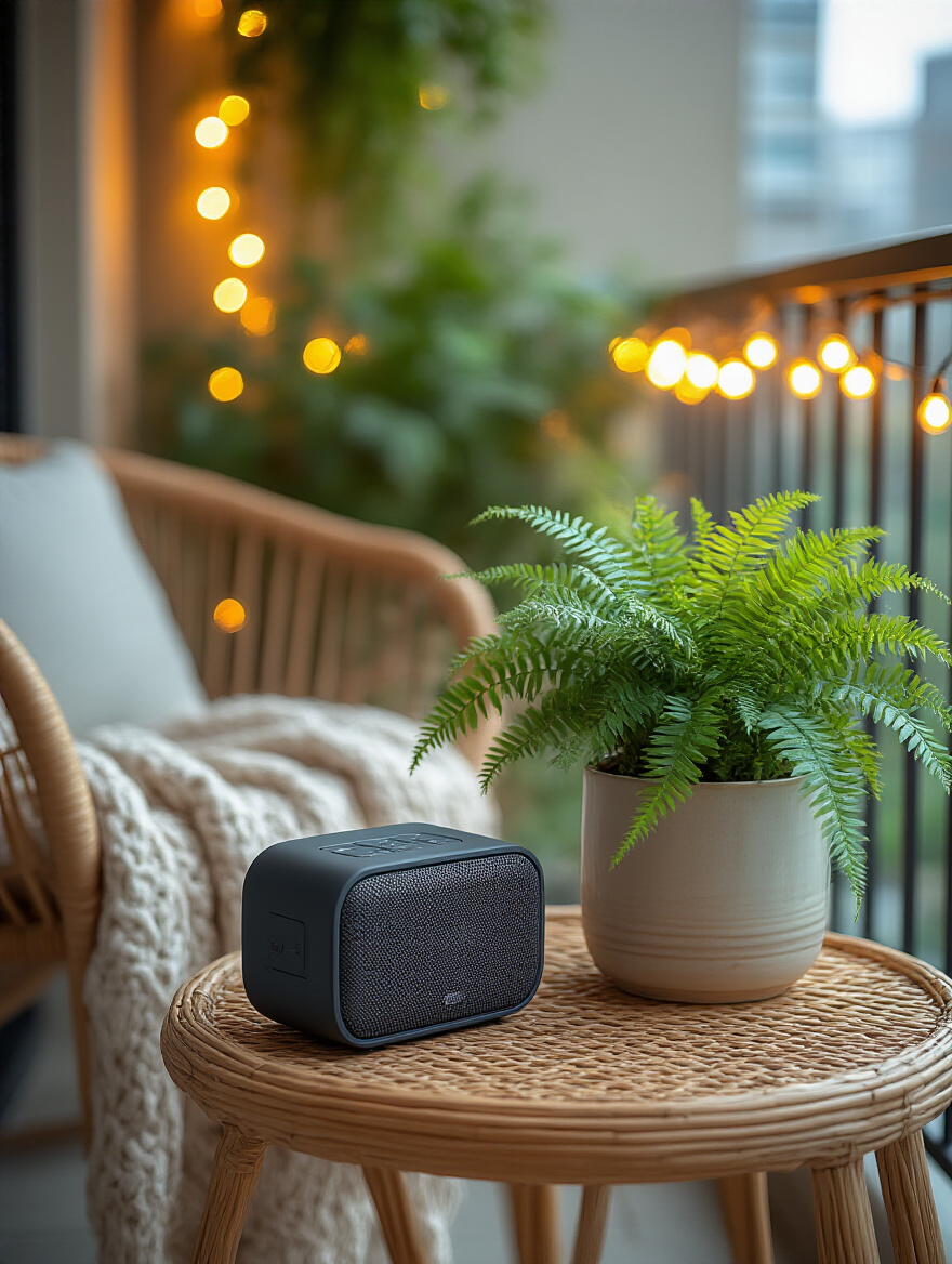 Vertical balcony scene with a portable Bluetooth speaker on a small table, plants, and string lights, no people.