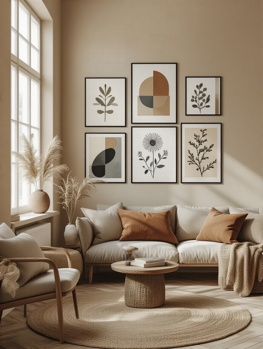 Living room gallery wall with cohesive thematic art prints arranged for a unified narrative flow