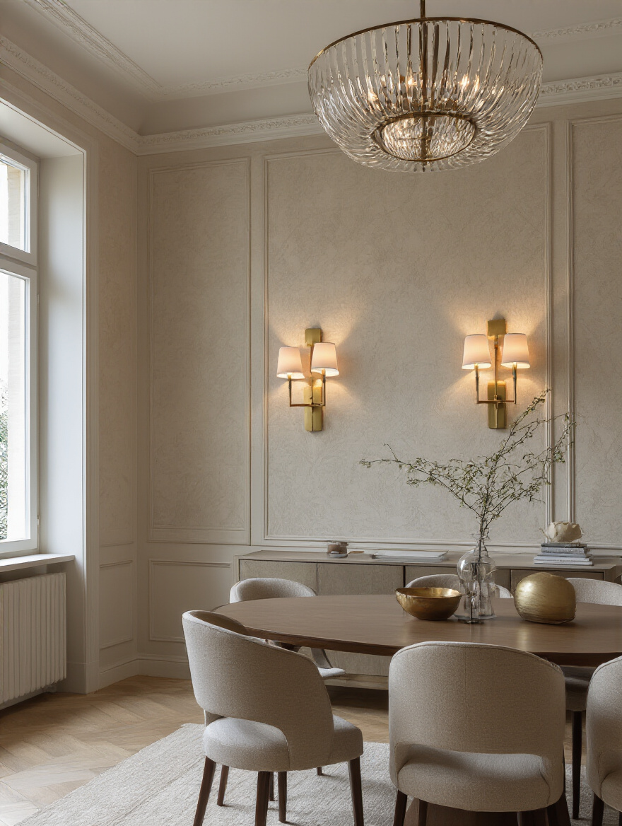 Vertical dining room with wall sconces casting warm ambient light on a textured wall