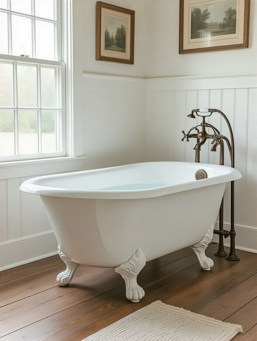 Freestanding white clawfoot tub in a rustic farmhouse bathroom with vintage bronze fixtures and natural lighting