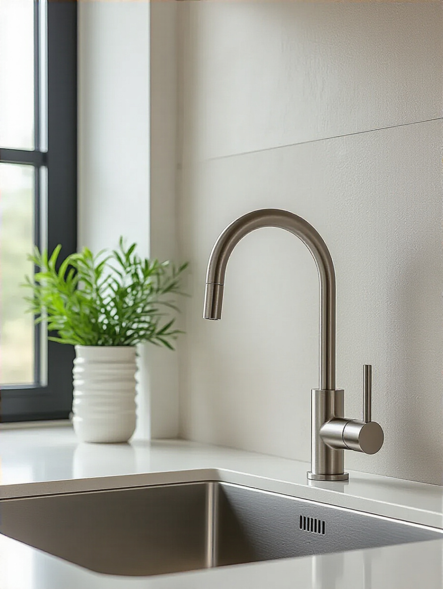 Vertical kitchen scene with a wall mounted faucet above a clean sink and minimal countertops