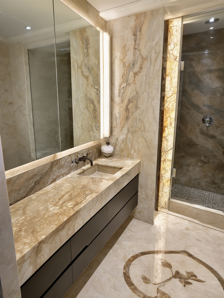 Luxurious bathroom vanity with a unique veined natural stone countertop and backlit stone accents