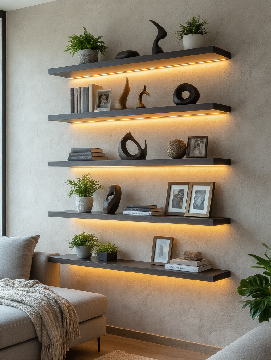 Decorative floating wall shelves with curated objects in a modern living room, well-lit and styled