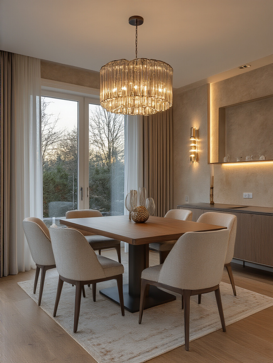 Portrait view of a dining room with a wall dimmer switch and warm, adjustable ambient lighting