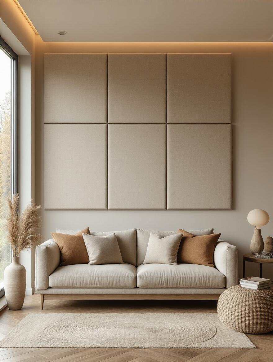 Modern living room wall with discreet fabric-wrapped acoustic panels installed for sound comfort