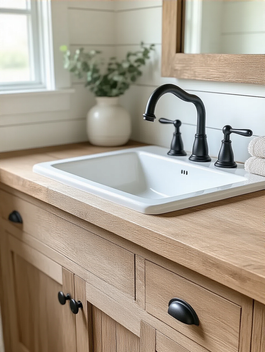 Farmhouse bathroom sink with matte black faucet and natural wood vanity creating modern contrast