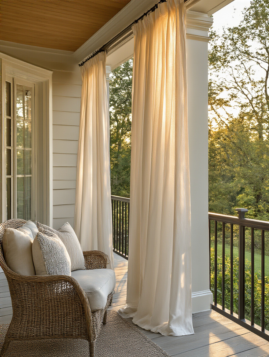 Back porch with installed outdoor curtains on stainless steel rods providing privacy and shade in warm natural light