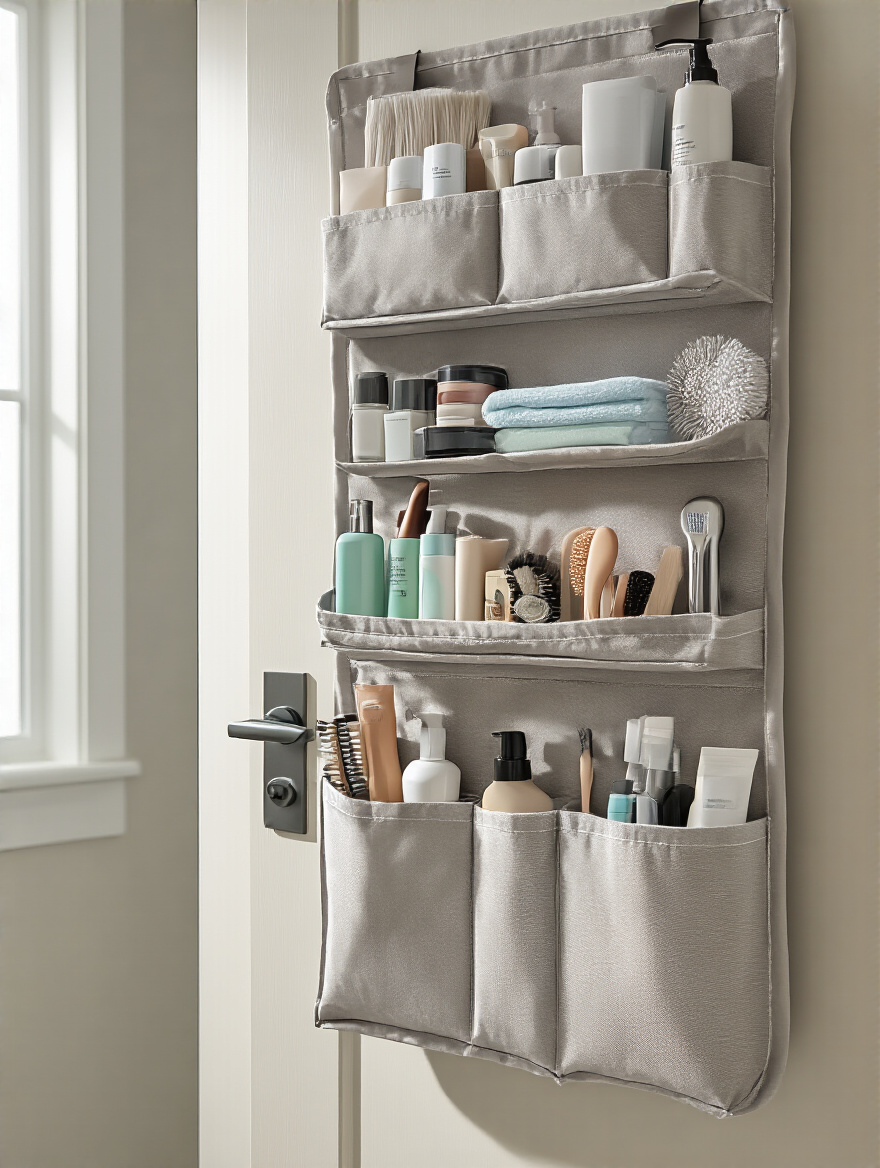 Over-the-door organizer filled with bathroom toiletries hanging on a small bathroom door in a minimalist setting
