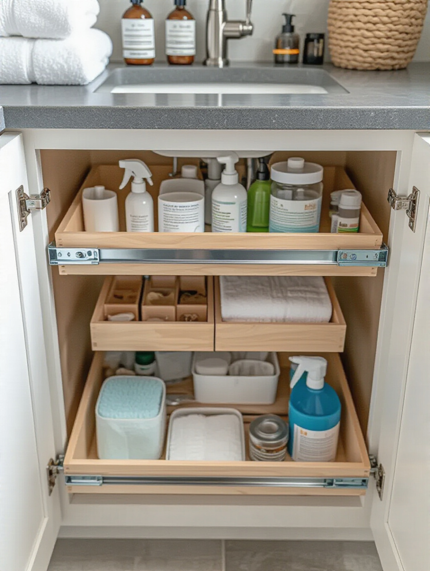 Under-sink bathroom cabinet with open pull-out drawers showing organized cleaning supplies and toiletries