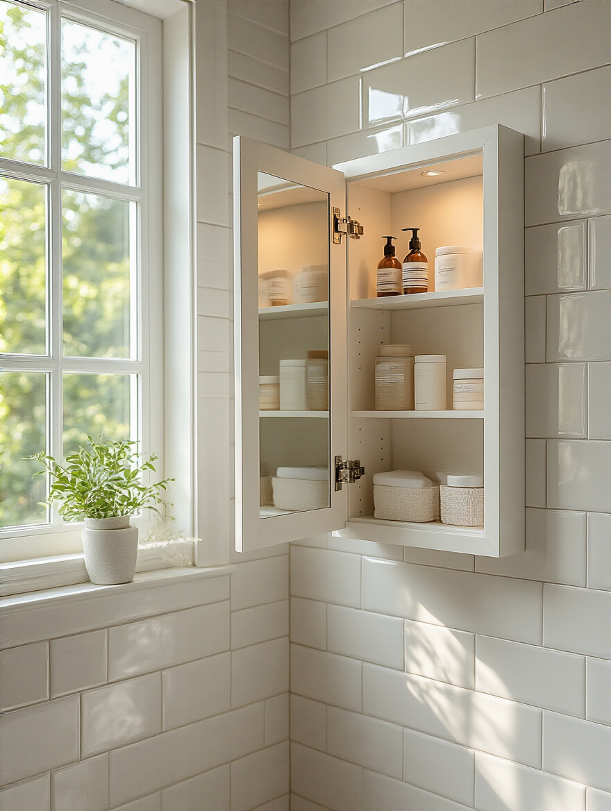 Recessed medicine cabinet installed flush in a small modern bathroom wall with organized shelves inside