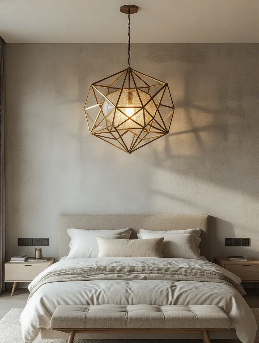 Modern bedroom with a sculptural brass and glass light fixture installed above the bed as an artistic centerpiece