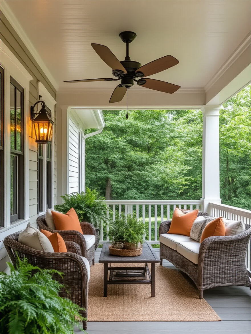 Back porch with an outdoor-rated ceiling fan installed on the ceiling, showing blades in motion and cozy outdoor furniture beneath