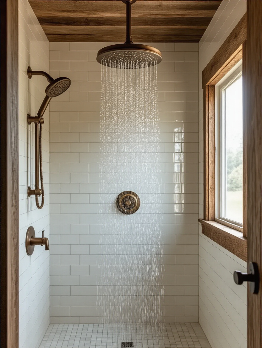 Farmhouse bathroom with antique brass ceiling-mounted rain shower head and rustic decor, soft natural lighting