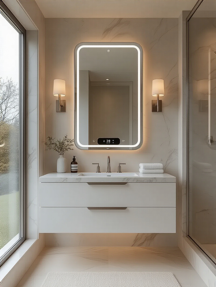 Vertical Lux bathroom featuring anti-fog smart mirror with integrated display