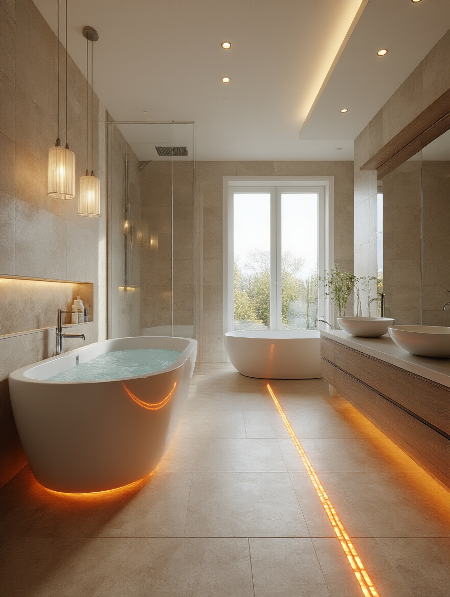 Luxurious bathroom with radiant underfloor heating beneath warm tiles, spa-like atmosphere, no people.
