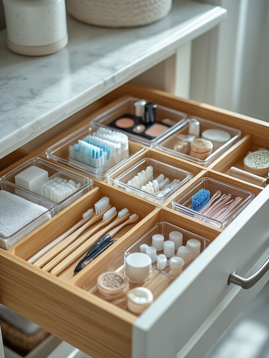 Organized bathroom drawer with clear acrylic and bamboo dividers neatly containing small toiletries like toothbrushes, makeup, and cotton swabs