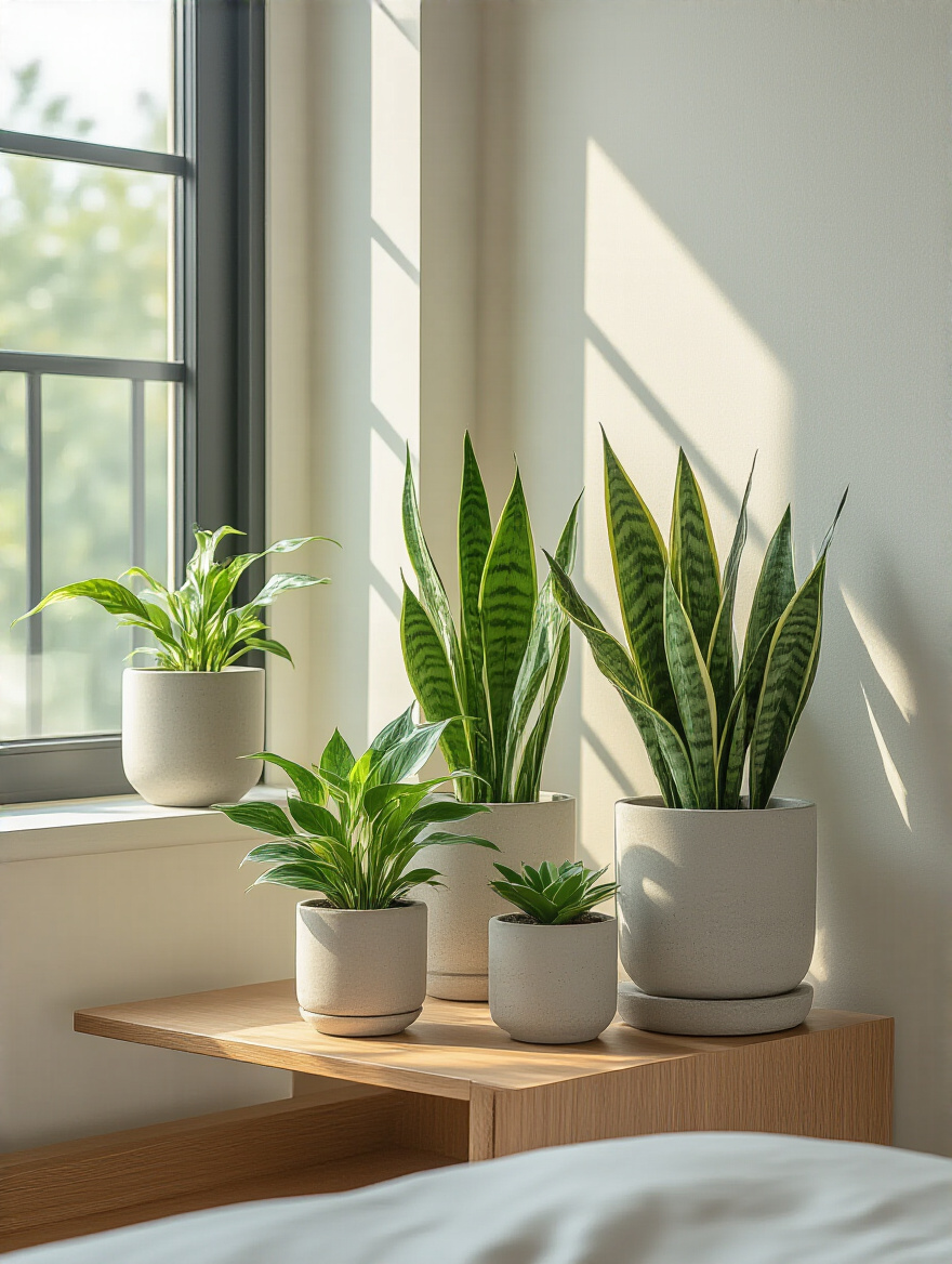 Modern bedroom corner with simple, elegant indoor plants in minimalist planters on bedside table and floating shelf