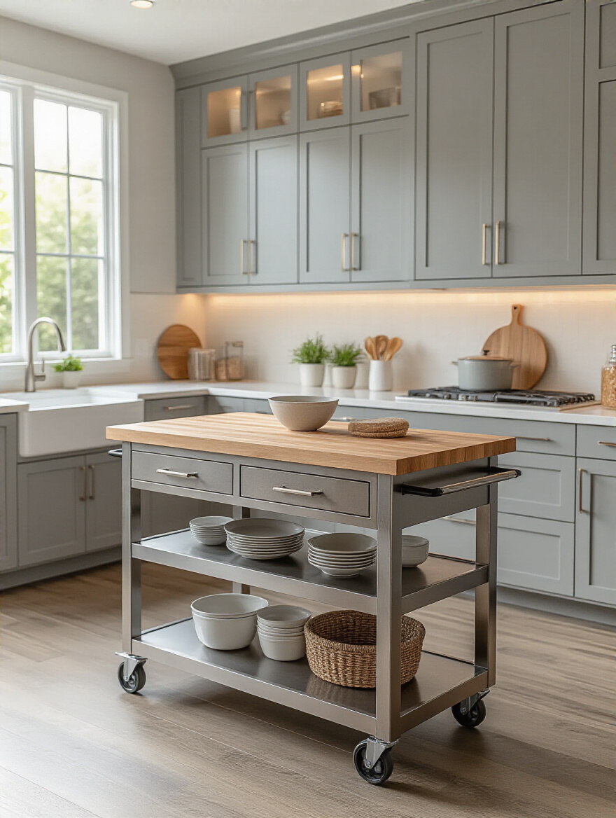 Modern kitchen with rolling island on casters, warm butcher-block top, open shelving and drawers