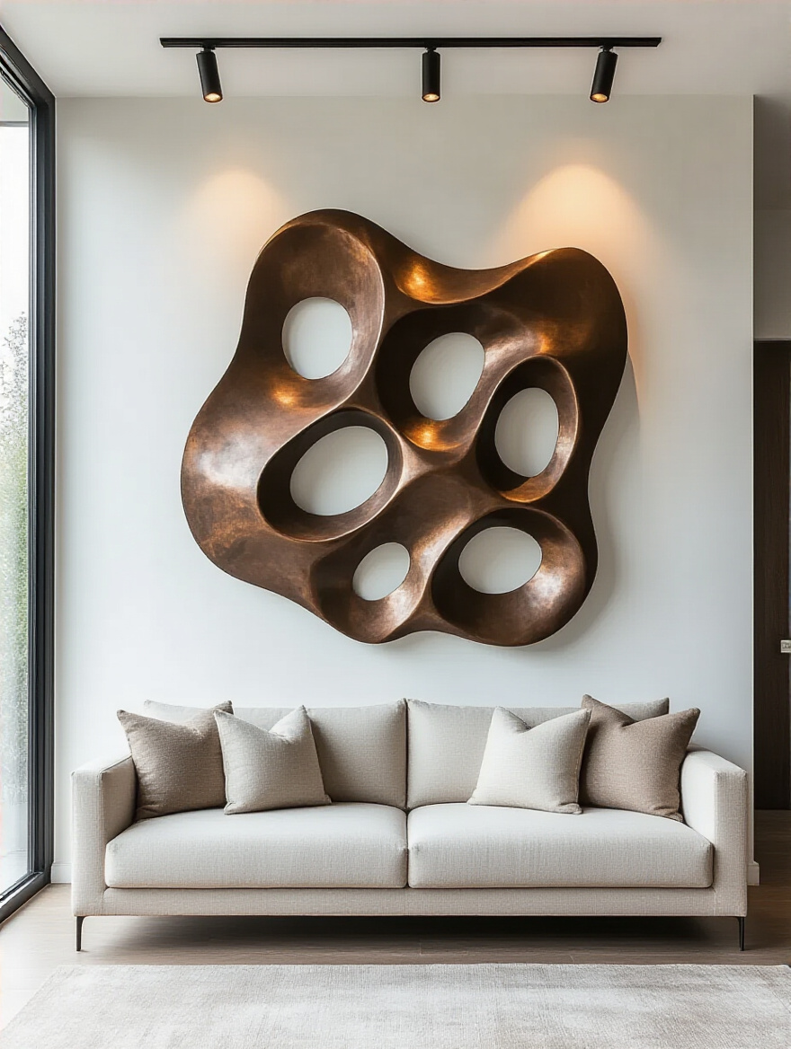 Modern living room with large sculptural metal wall art creating shadows on a white wall behind a sofa