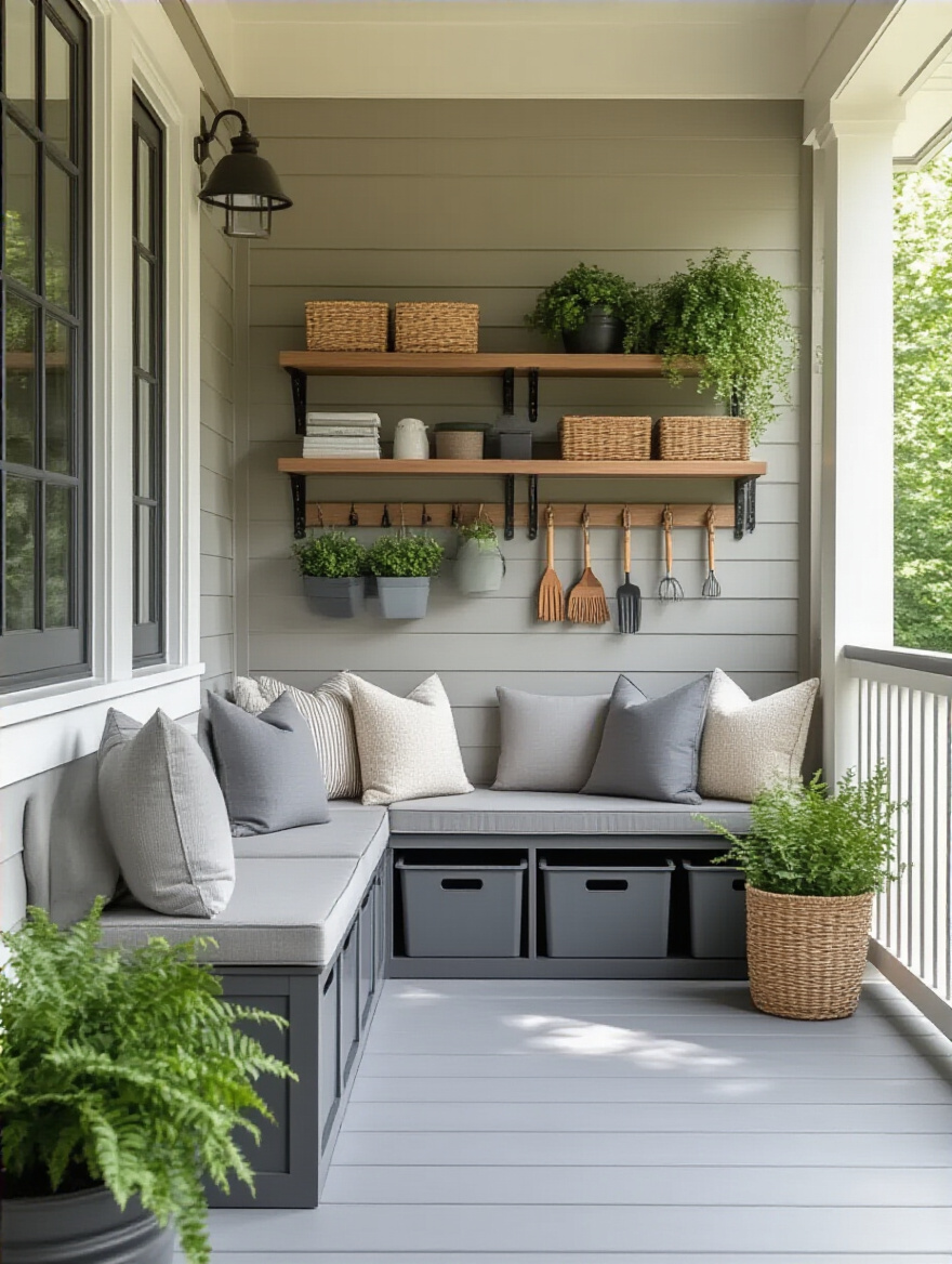 Back porch with smart storage solutions including multi-functional bench and vertical shelves creating a clutter-free outdoor space