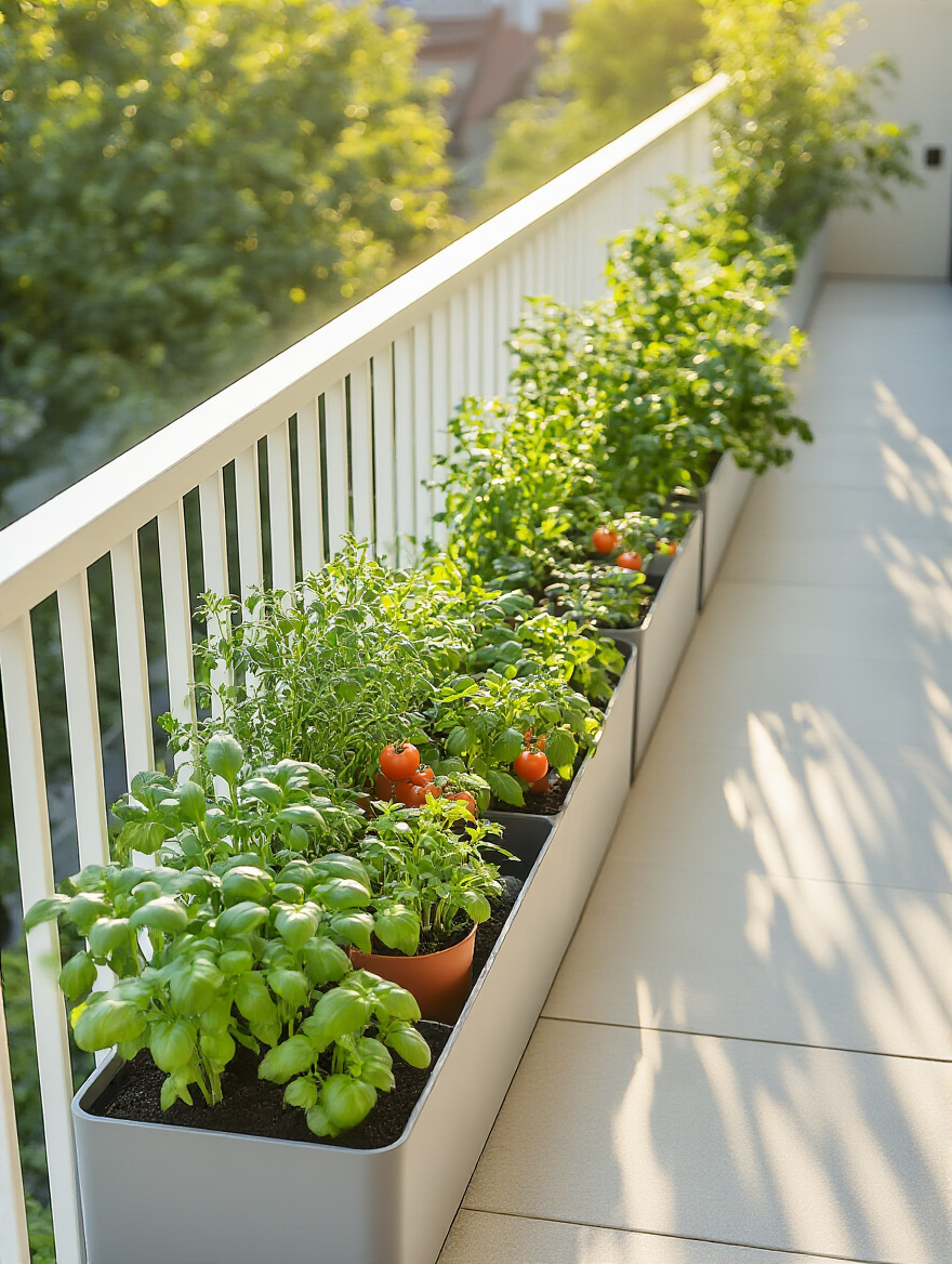Vertical balcony garden with integrated smart watering system delivering water to potted plants