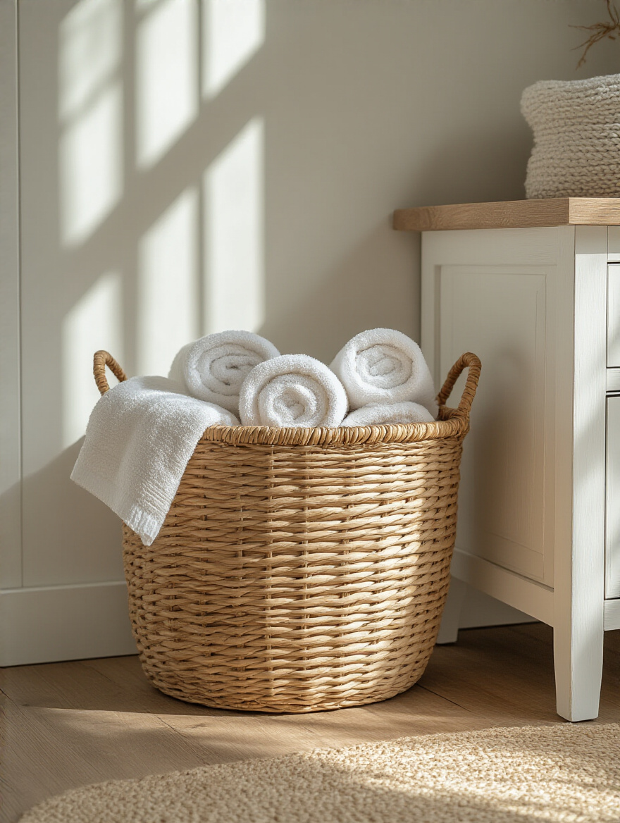 Farmhouse bathroom corner with woven rattan basket filled with rolled towels next to rustic vanity