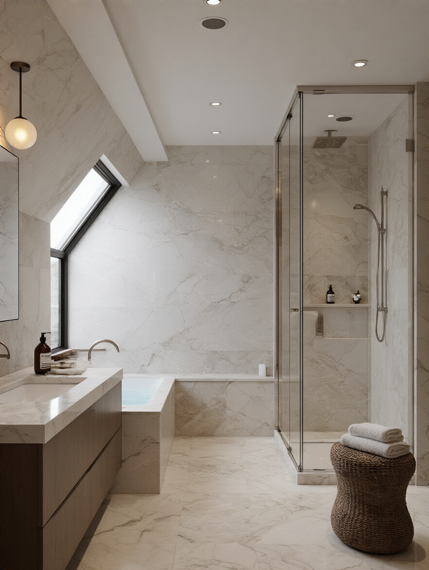 Luxurious bathroom with discreet moisture-resistant in-ceiling speakers integrated into ceiling