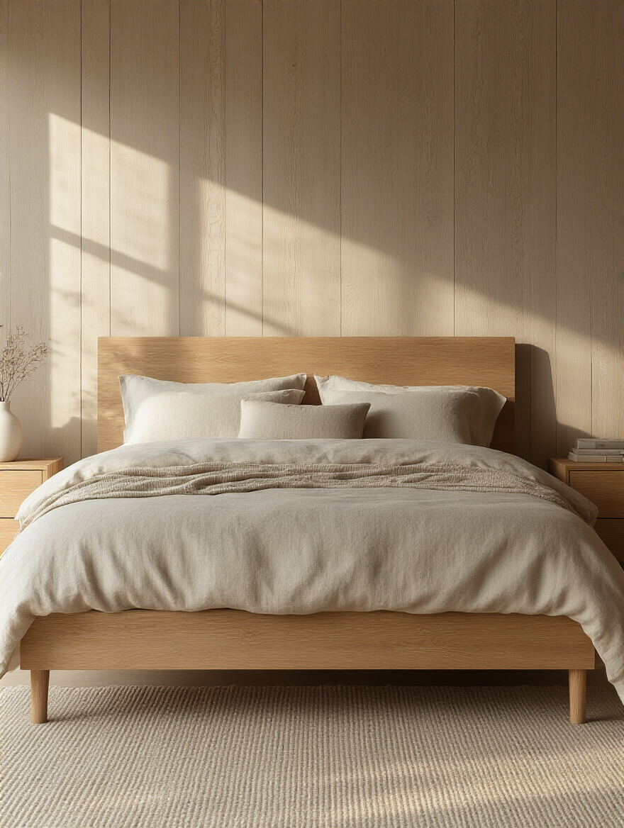 Modern bedroom featuring natural wood bed frame and linen bedding with warm natural lighting
