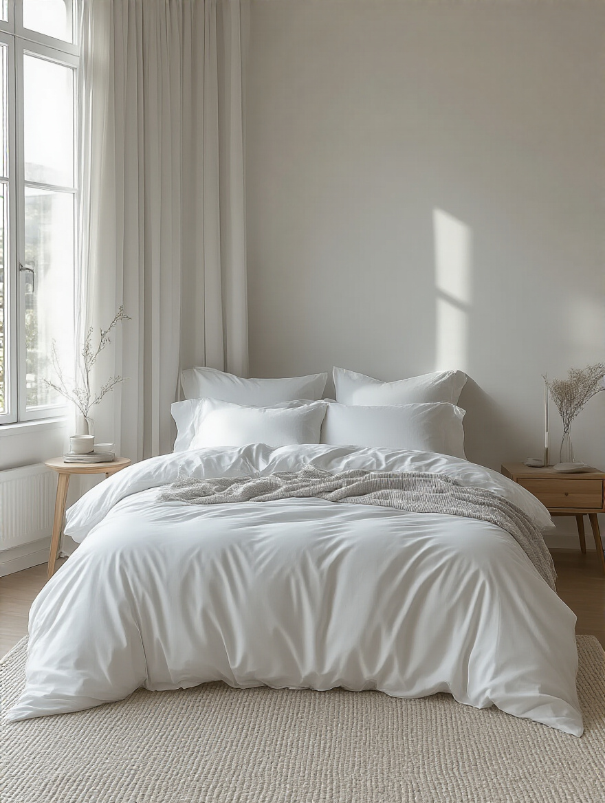 Modern bedroom with crisp, high-quality solid color bedding in neutral tones and minimalist decor