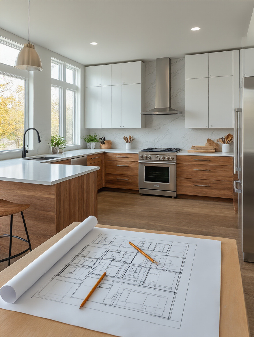 Vertical portrait of a modern kitchen planning area with blueprints on a drafting table, symbolizing permits and building code planning (no people).