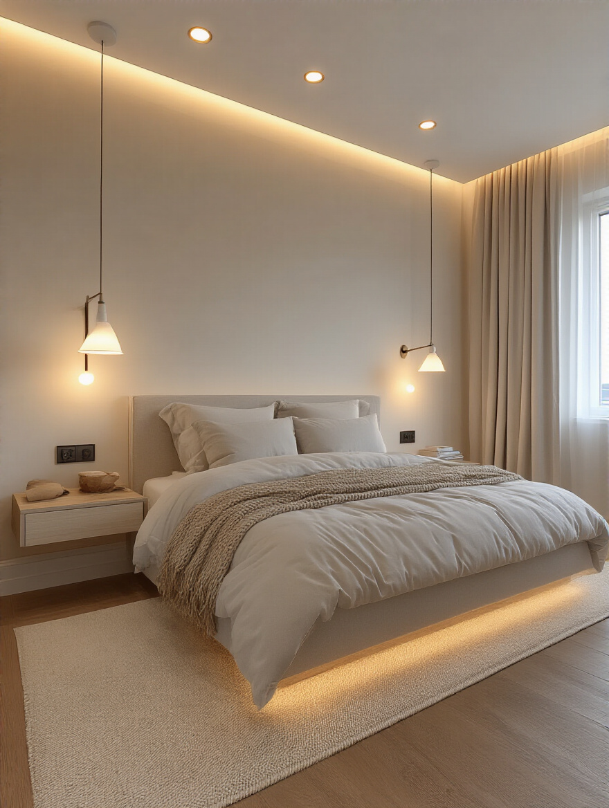 Modern bedroom with layered ambient and task lighting showing warm recessed lights and bedside lamps for mood control