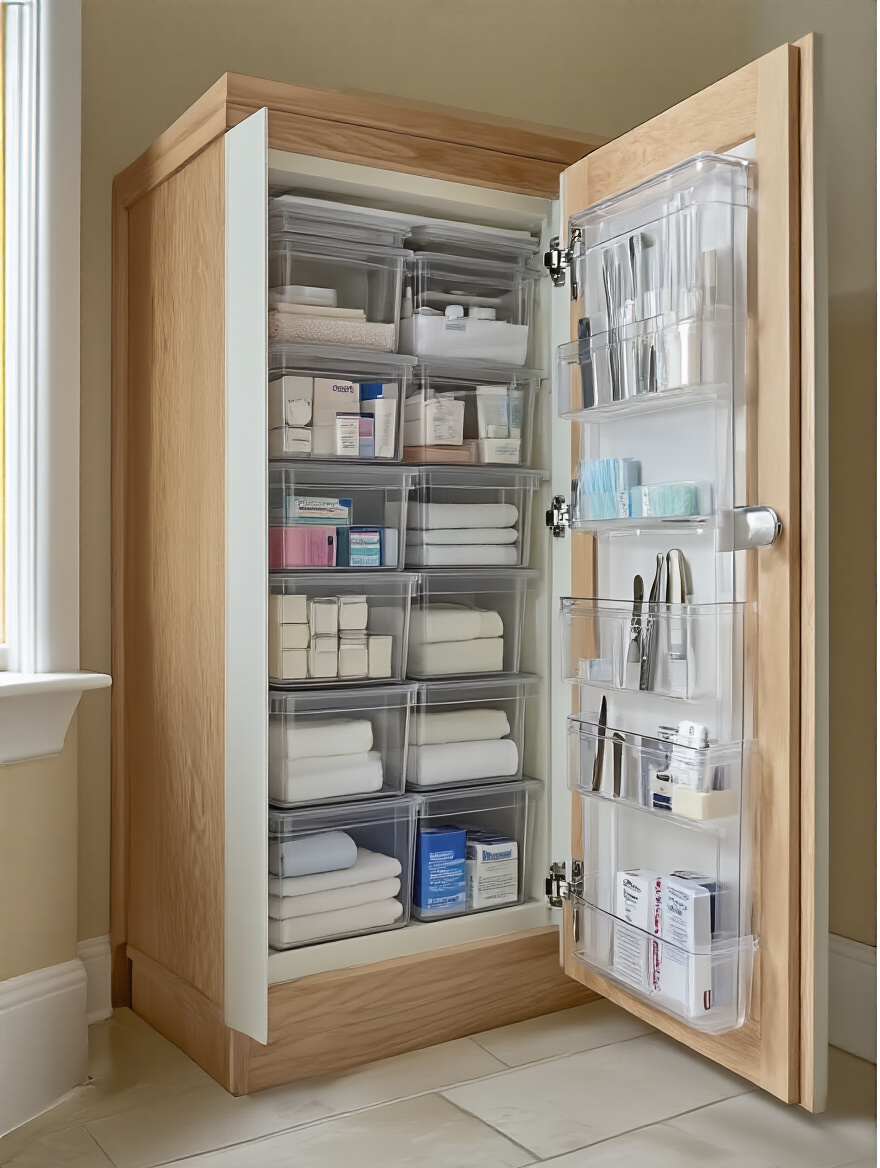 Organized bathroom cabinet door with clear small bins holding flat and frequently used items for efficient vertical storage