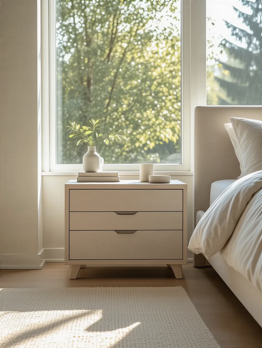 Modern bedroom with a clean, clutter-free nightstand and dresser bathed in soft morning light, showcasing a serene and minimalist design.