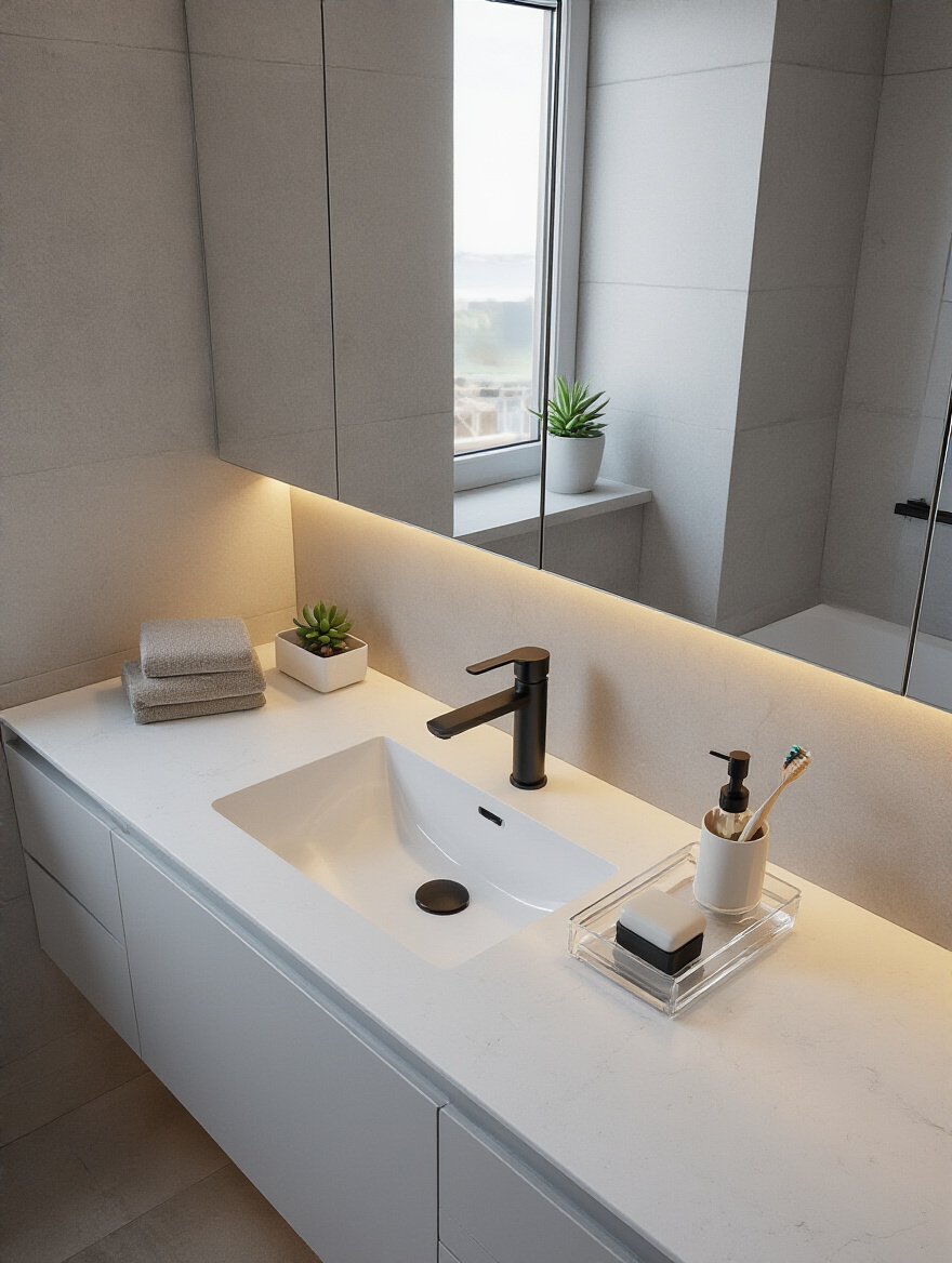 Portrait photo of a minimalist bathroom sink with optimized clear counter space, undermount sink, wall-mounted faucet and organized tray