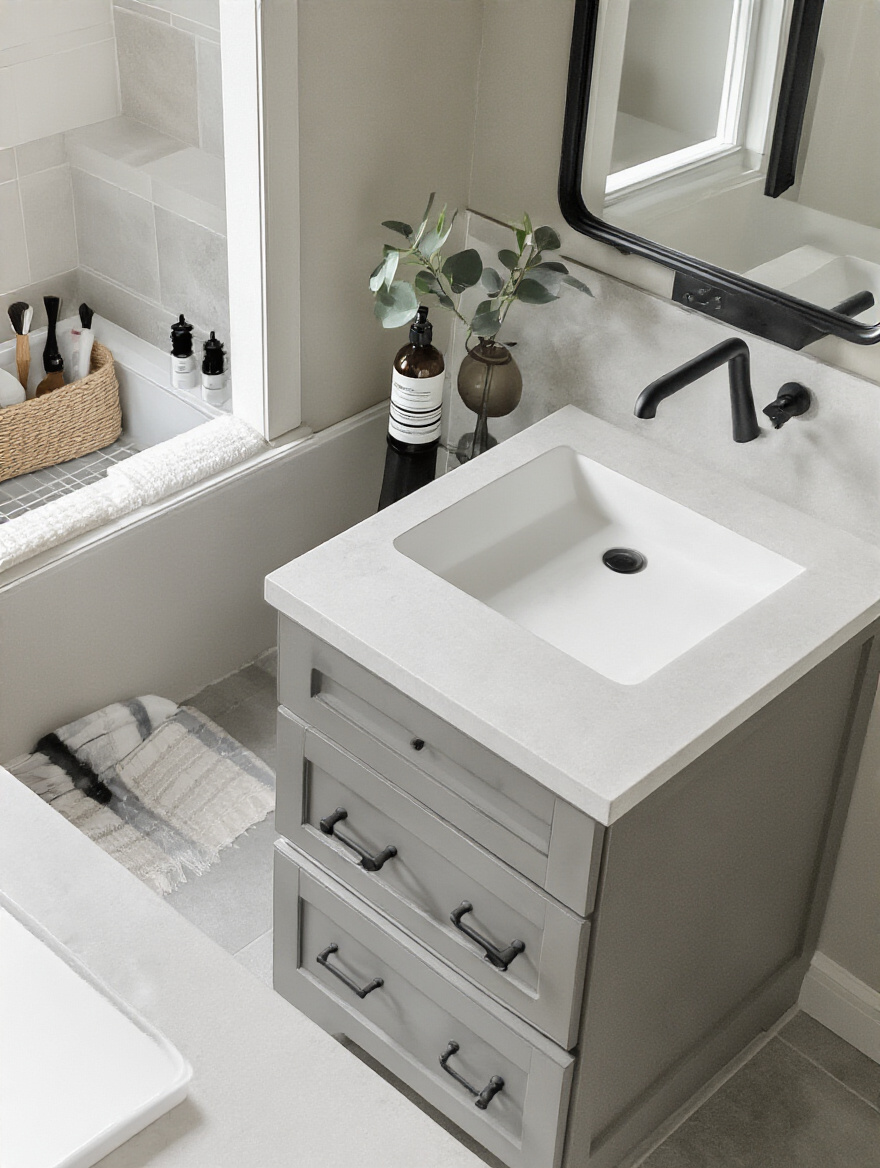 Vertical shot of a modern undermount sink paired with a matte black faucet and matching black hardware on a gray quartz vanity
