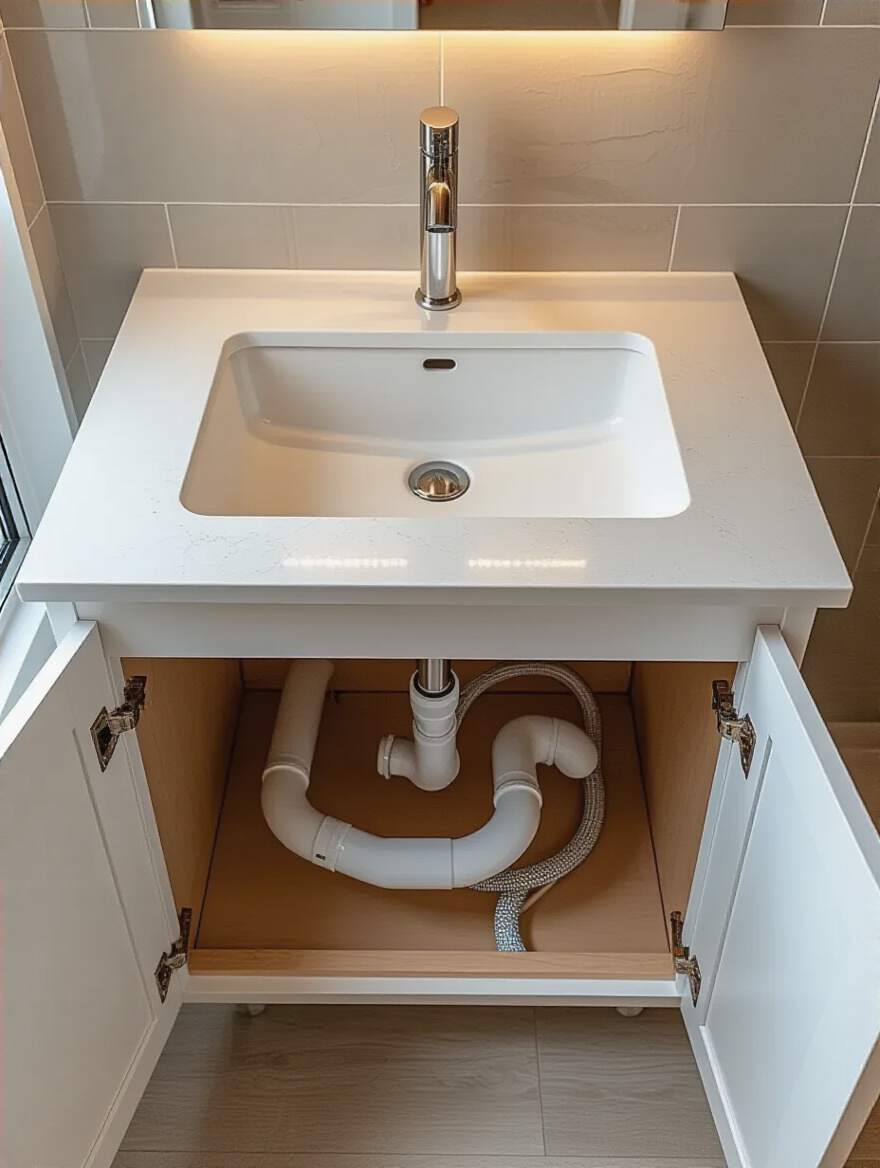 Vertical photo of modern undermount bathroom sink with open vanity showing neatly installed P-trap, braided supply lines, and clean sealed countertop edge