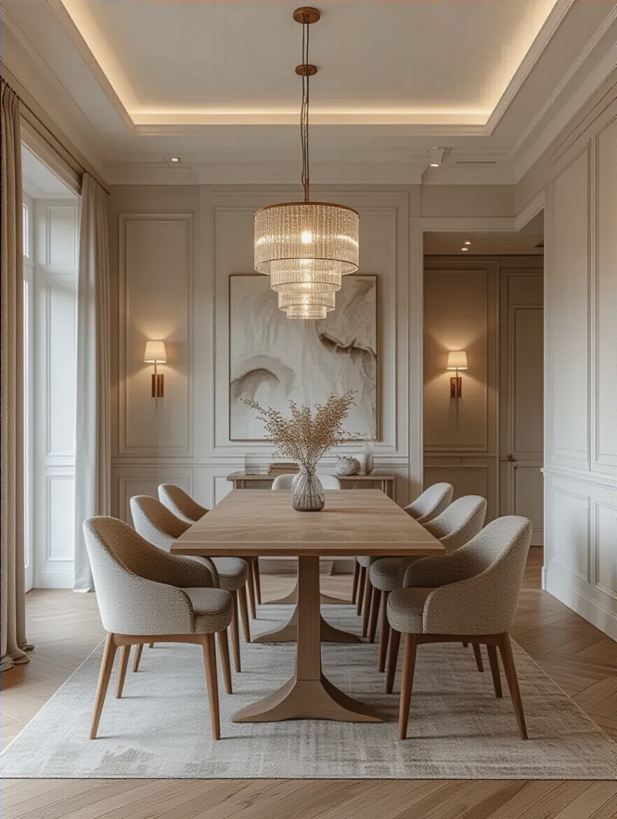 Dining room with layered ambient, task, and accent lighting showcasing versatility.