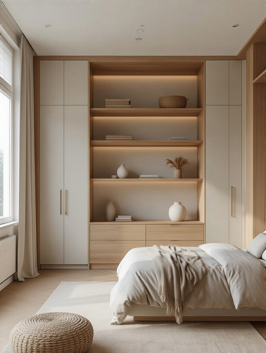 Modern bedroom with floor-to-ceiling smart vertical storage shelves and cabinets, no people