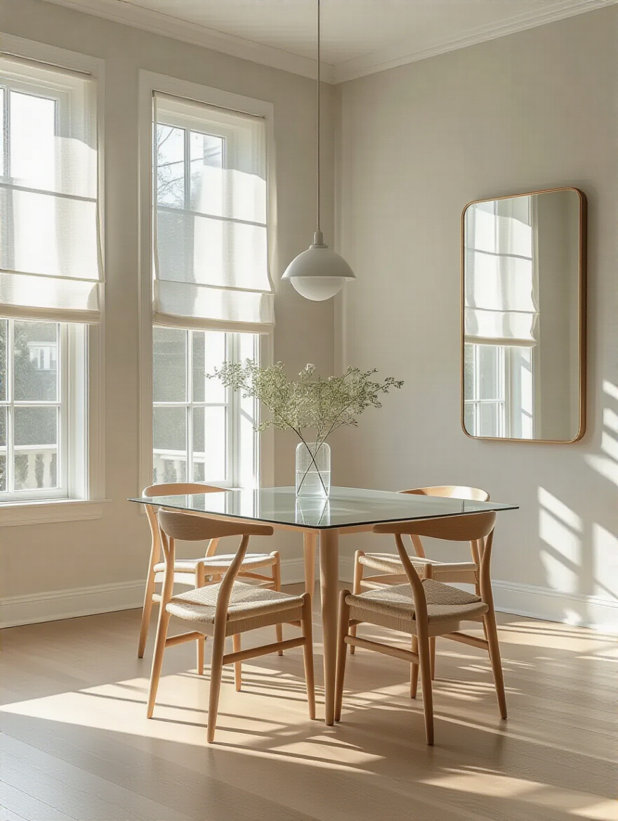 Vertical dining room scene bathed in natural daylight with sheer window coverings and reflective surfaces