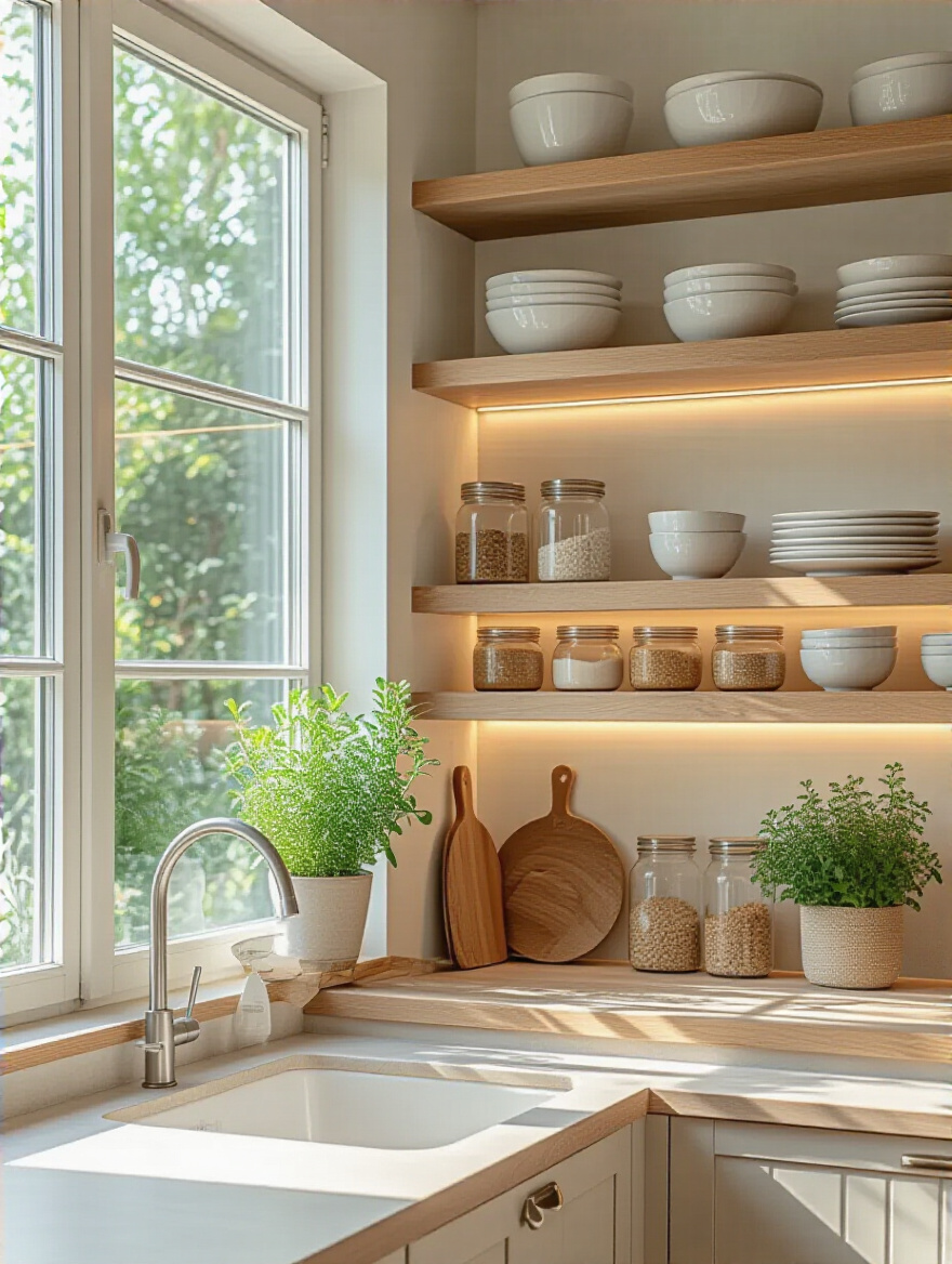 Portrait view of a bright small kitchen with open wood shelves above a light countertop.