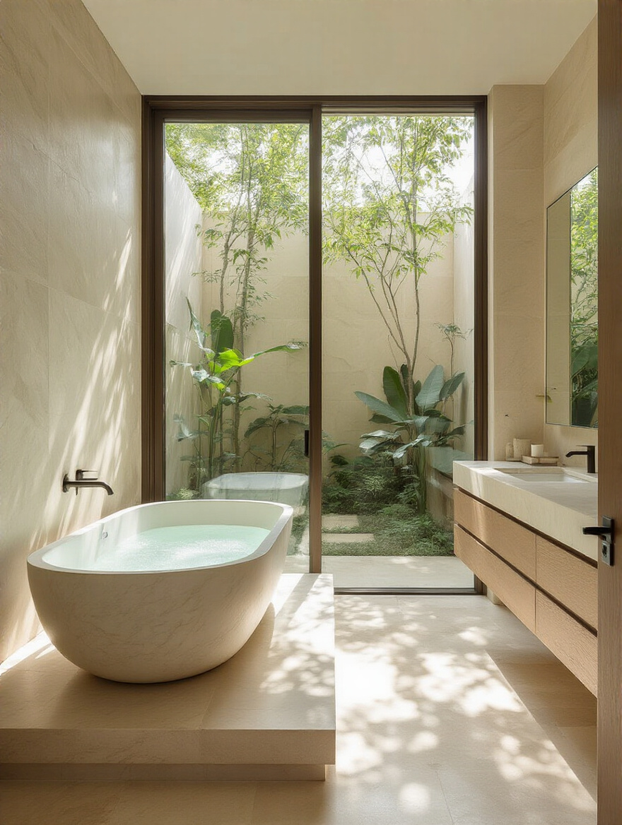 Luxurious bathroom interior with floor-to-ceiling glass wall and outdoor garden view, daylight, freestanding tub.