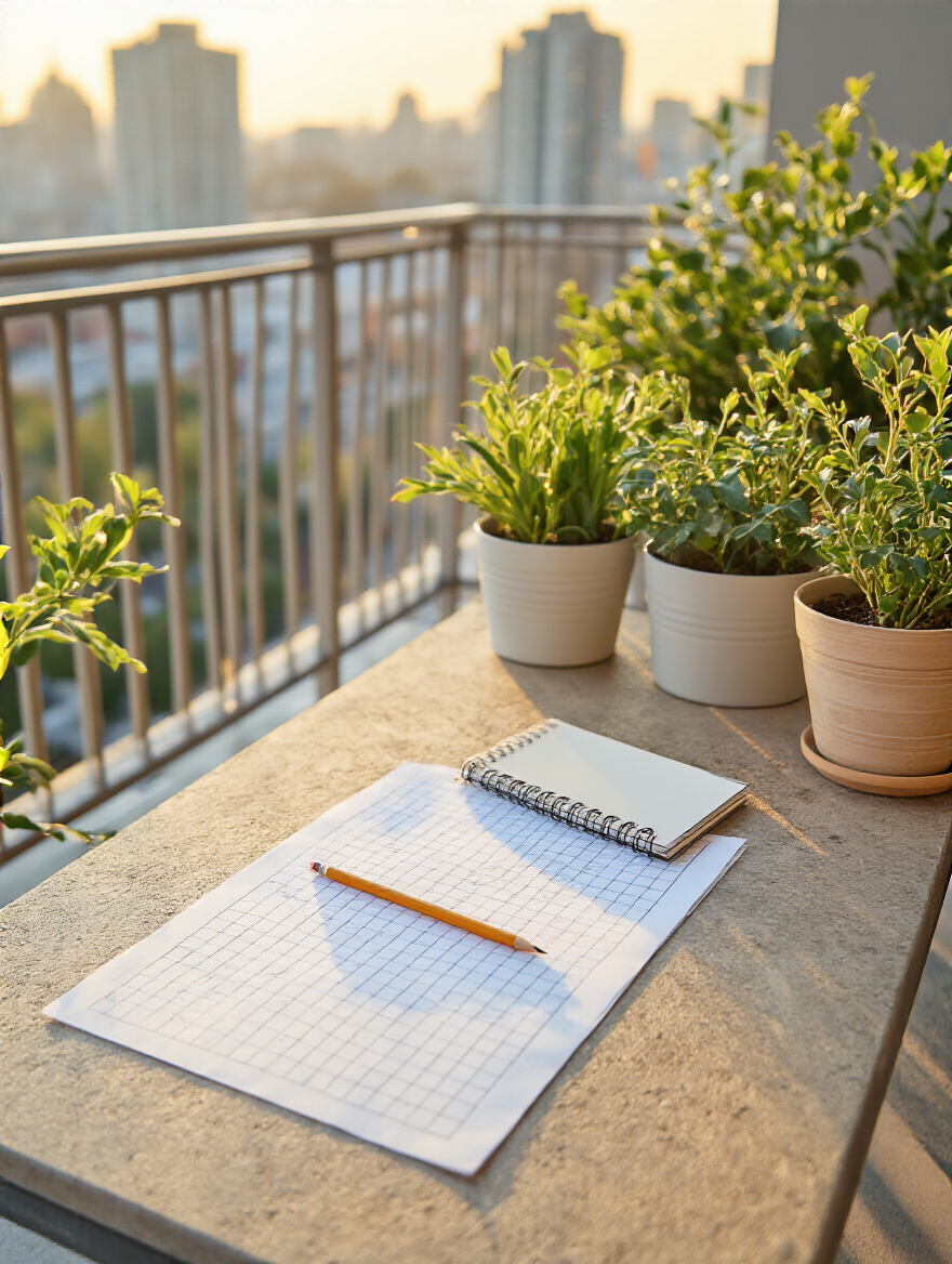 Vertical portrait of a modern balcony with graph paper and notebook on a table, planning layout for furniture, plants along railing, cityscape softly blurred.